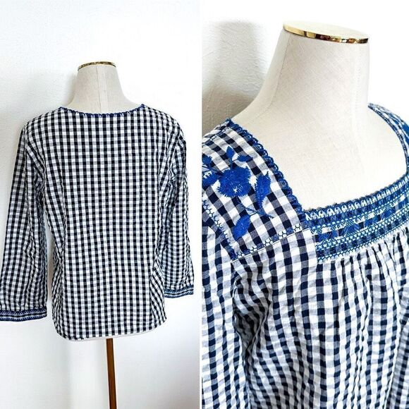 Crew Navy White Gingham Plaid Blue Floral Embroidered Peasant Top Blouse S - Picture 4 of 4